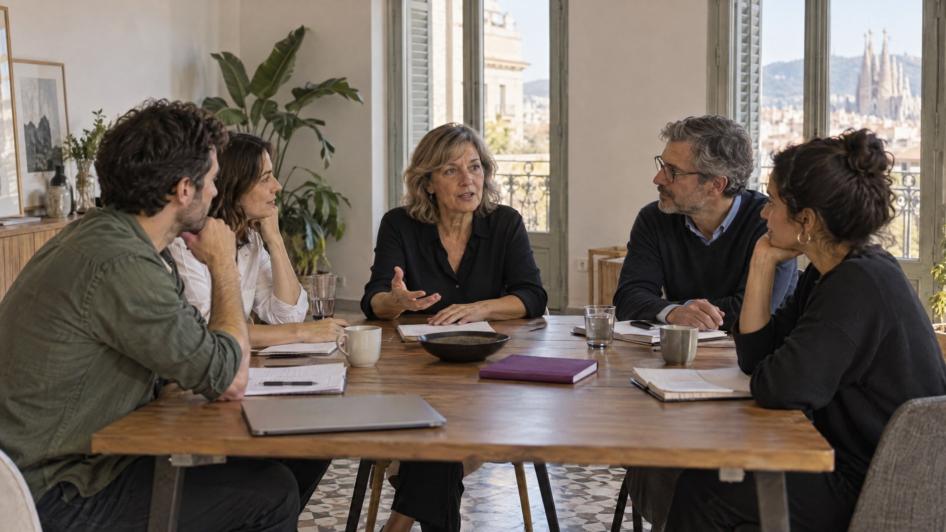 Un equipo directivo alrededor de una mesa escucha a un compañero en el momento de decidir.