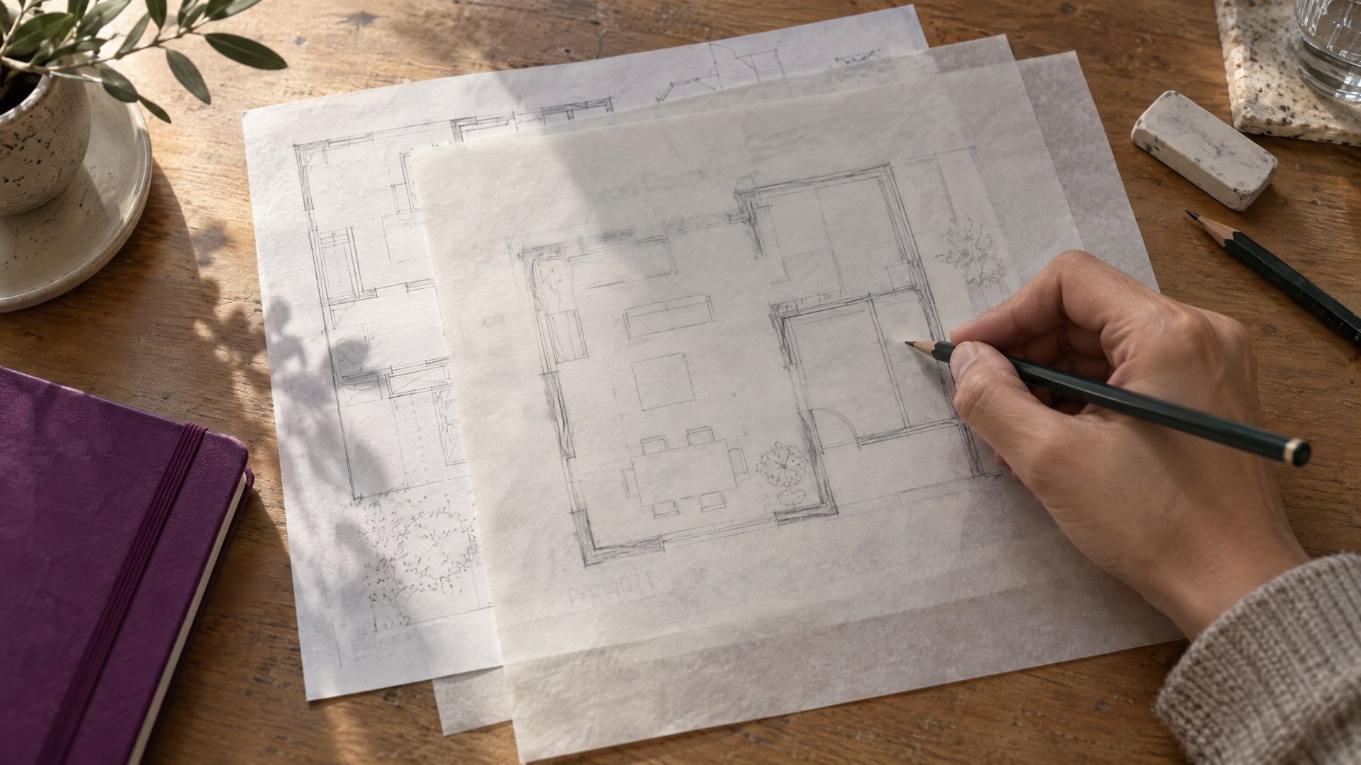 A hand redraws a plan on tracing paper over earlier versions.