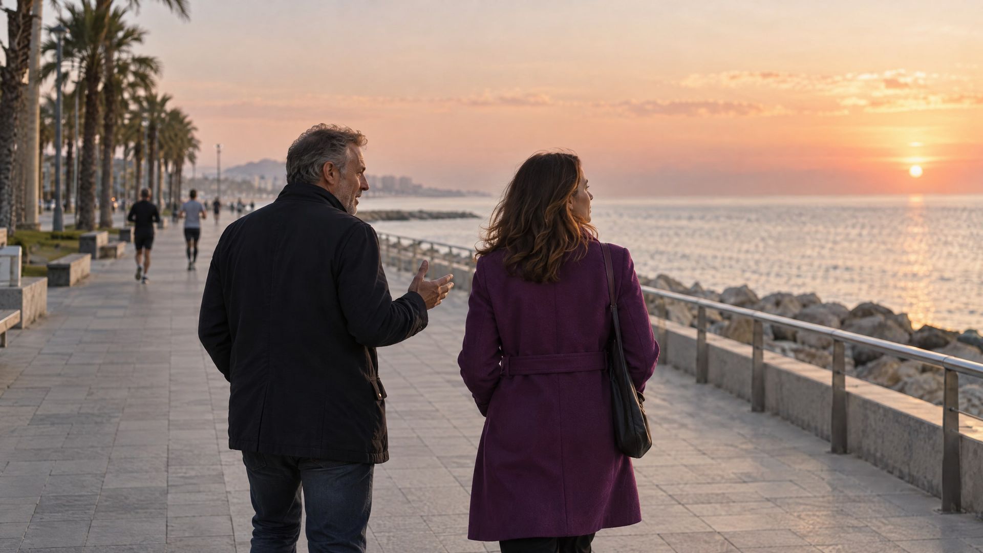 Dos personas caminan una junto a la otra frente al mar al amanecer, conversando.