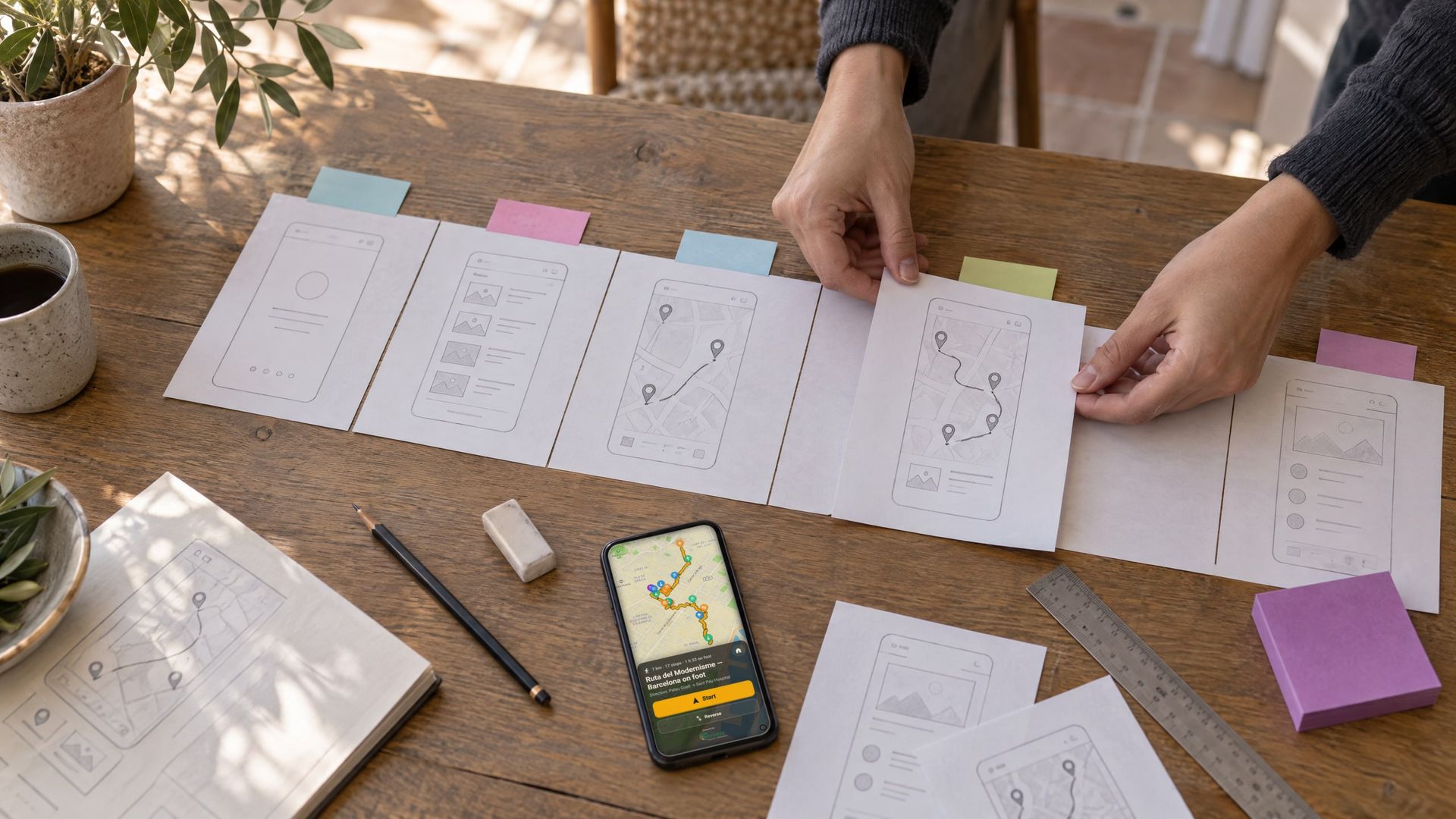 Des mains déplacent des écrans d’application dessinés à la main le long d’une frise hebdomadaire sur une table ; le téléphone affiche un itinéraire sur une carte.
