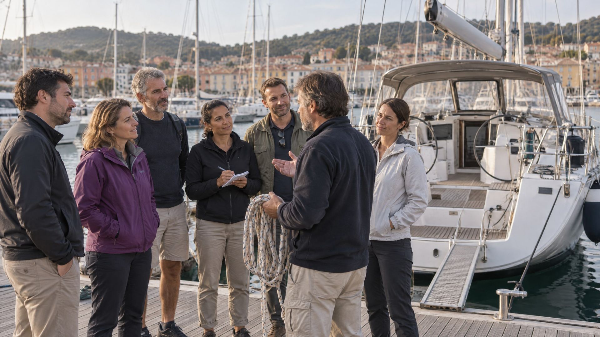 Un instructor de vela da instrucciones a un equipo en un pantalán antes de embarcar en un velero de crucero.