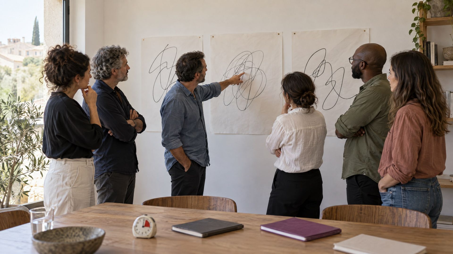 Un equipo está de pie frente a tres objetivos fijados en la pared, una persona señalando.